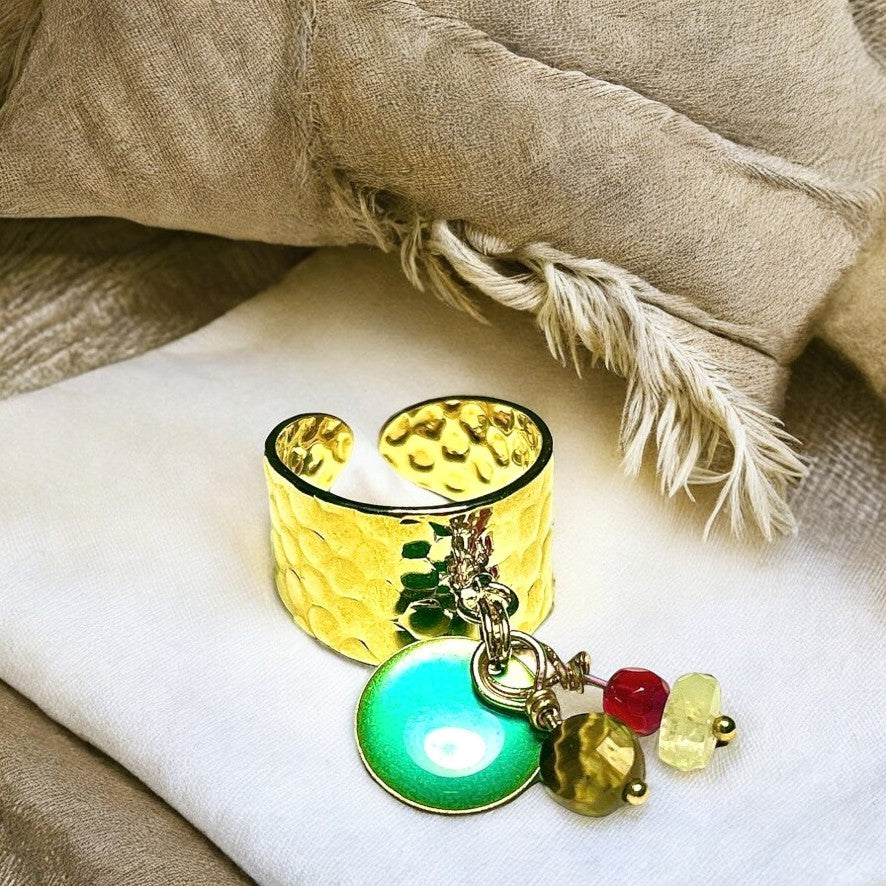 Bague "MIA" dorée or fin en Malachite Pierre de Lune Agate et malachite avec sequin émaillé