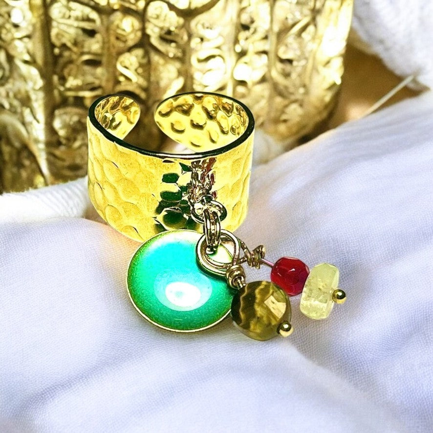 Bague "SALOME" dorée or fin en Pierre de Lune Agate et Oeil de Tigre avec sequin émaillé