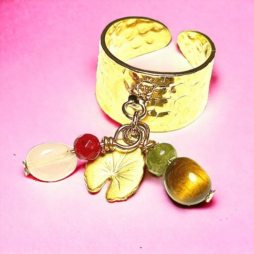 Bague "AMELIE" dorée or fin en pierre d' Oeil de Tigre Quartz Rose et Agates