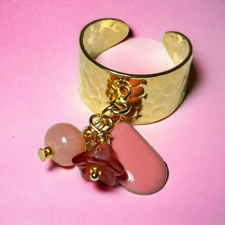 Bague "ANNA" dorée or fin avec pierre naturelle d’ Opale et sequin émaillé