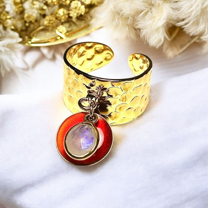 Bague "INTUITION" dorée or fin avec pierre de lune et sequin émaillé