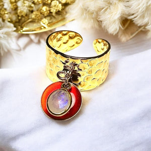Bague "INTUITION" dorée or fin avec pierre de lune et sequin émaillé