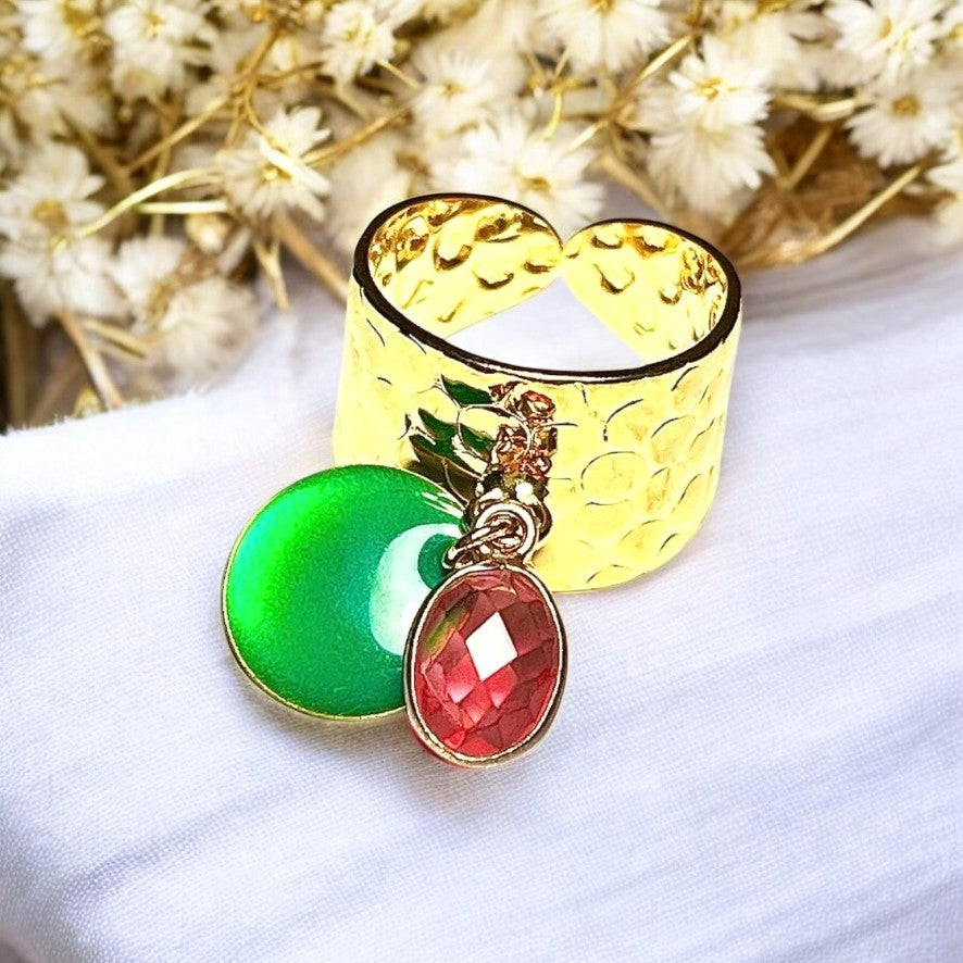 Bague "OPHELIE" dorée or fin en pierre de tourmaline rose et sequin émaillé