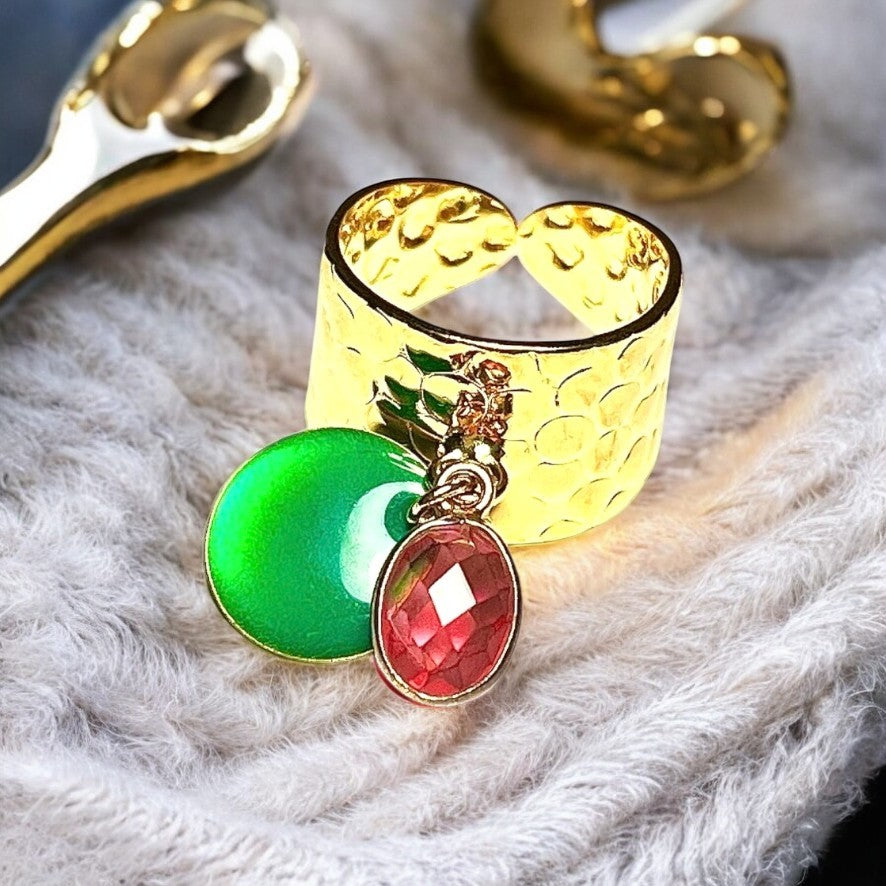 Bague "OPHELIE" dorée or fin en pierre de tourmaline rose et sequin émaillé