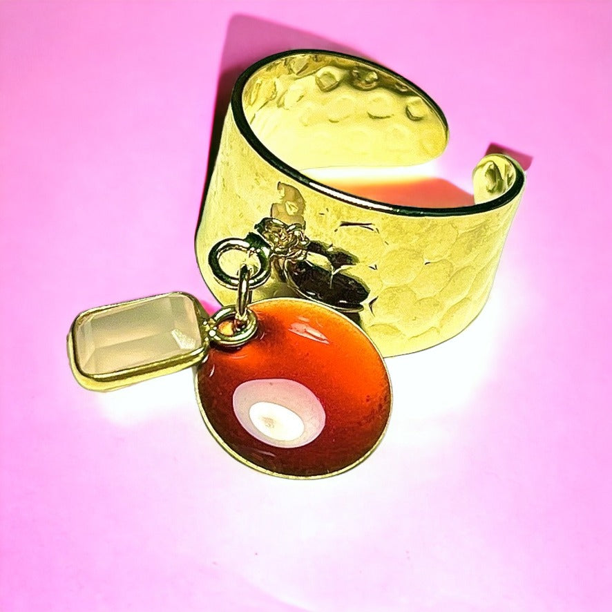 Bague "CELINE" dorée or fin en pierre de quartz rose et sequin émaillé