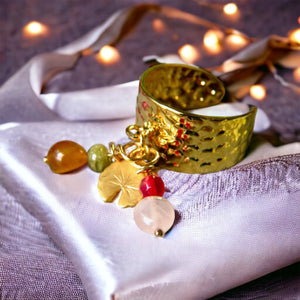 Bague "AMELIE" dorée or fin en pierre d' Oeil de Tigre Quartz Rose et Agates