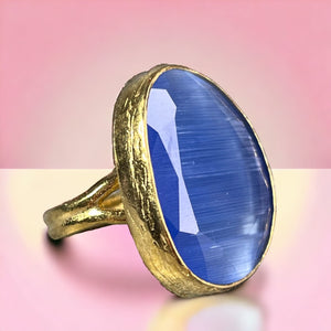Bague "GABRIELLE" pierre naturelle agate bleue dorée or fin