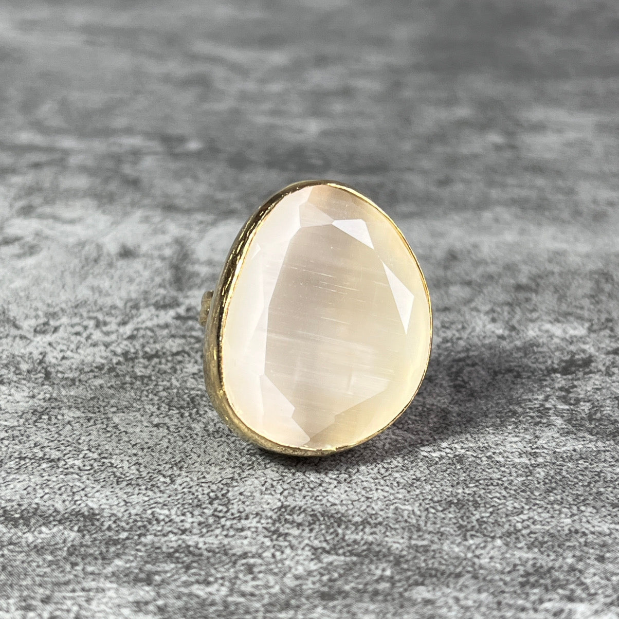 bague femme pierre naturelle agate blanche doree or fin - vue face