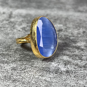 bague femme pierre naturelle agate bleue doree or fin - vue cote zoom