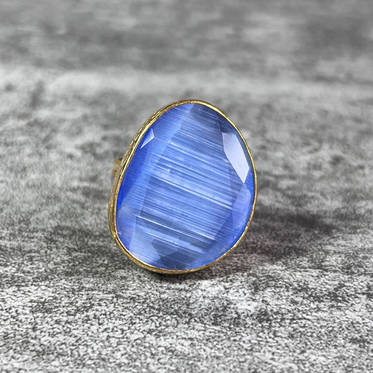 bague femme pierre naturelle agate bleue doree or fin - vue face