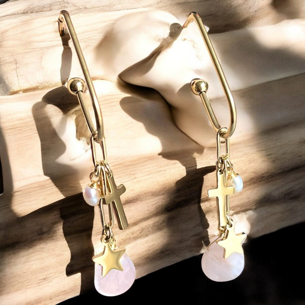 Boucles d'oreilles "MARTINE" en acier inoxydable doré or fin et Quartz Rose