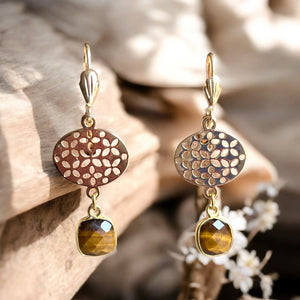 Boucles d’oreilles "CHANTAL" dorées or fin Oeil de Tigre