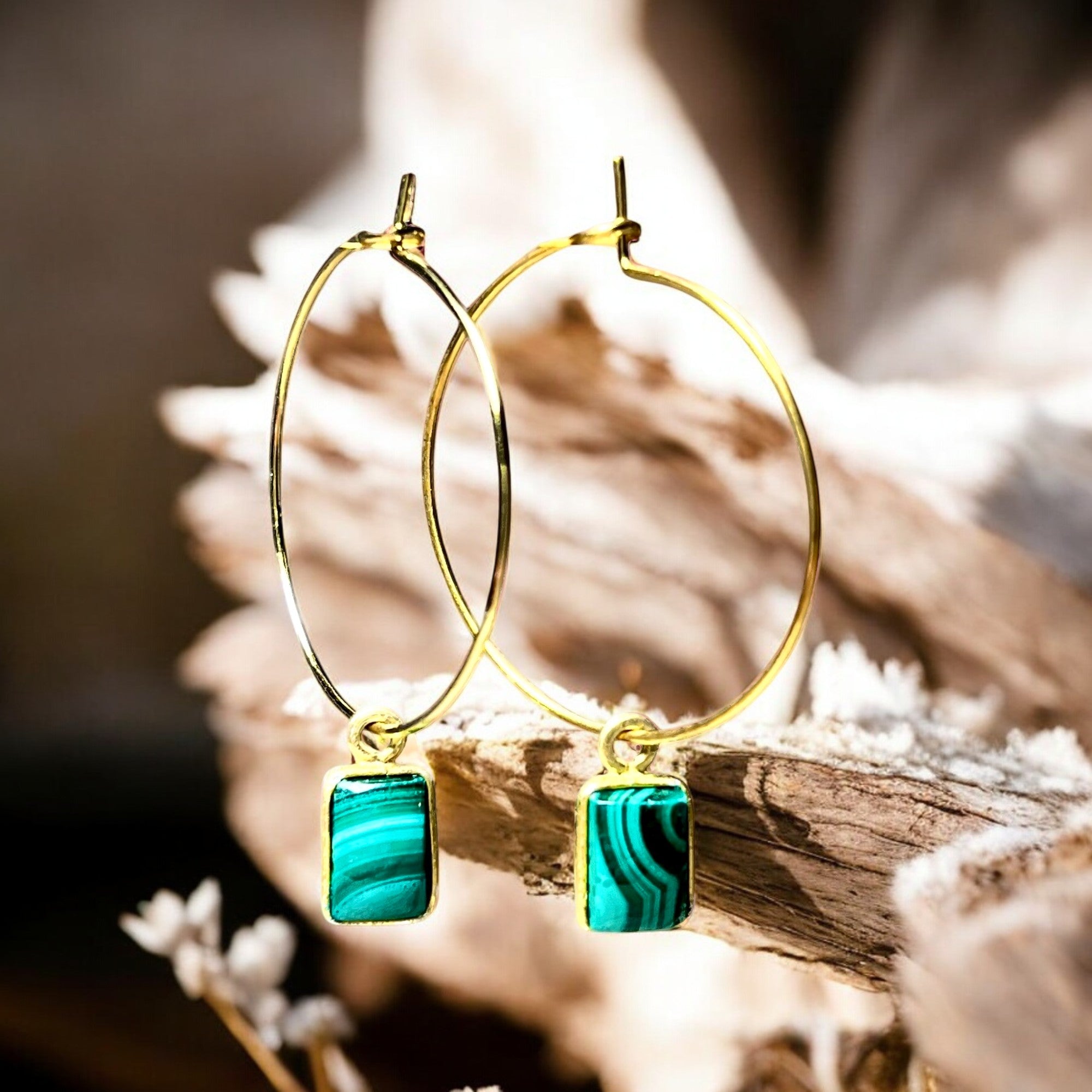 Boucles d'oreilles "EMERALDA" malachite dorées or fin