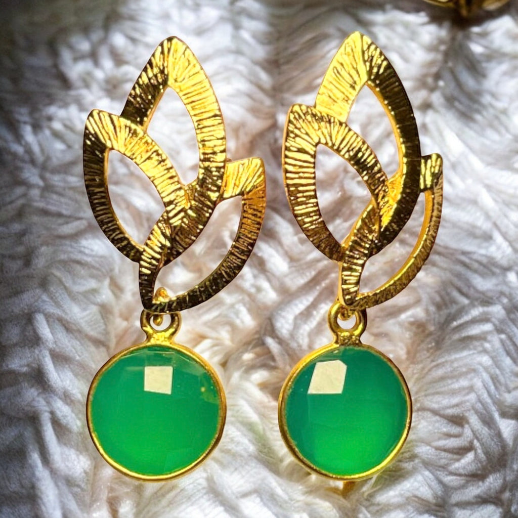 Boucles d’oreilles "AVERY" dorées or fin Calcédoine Verte