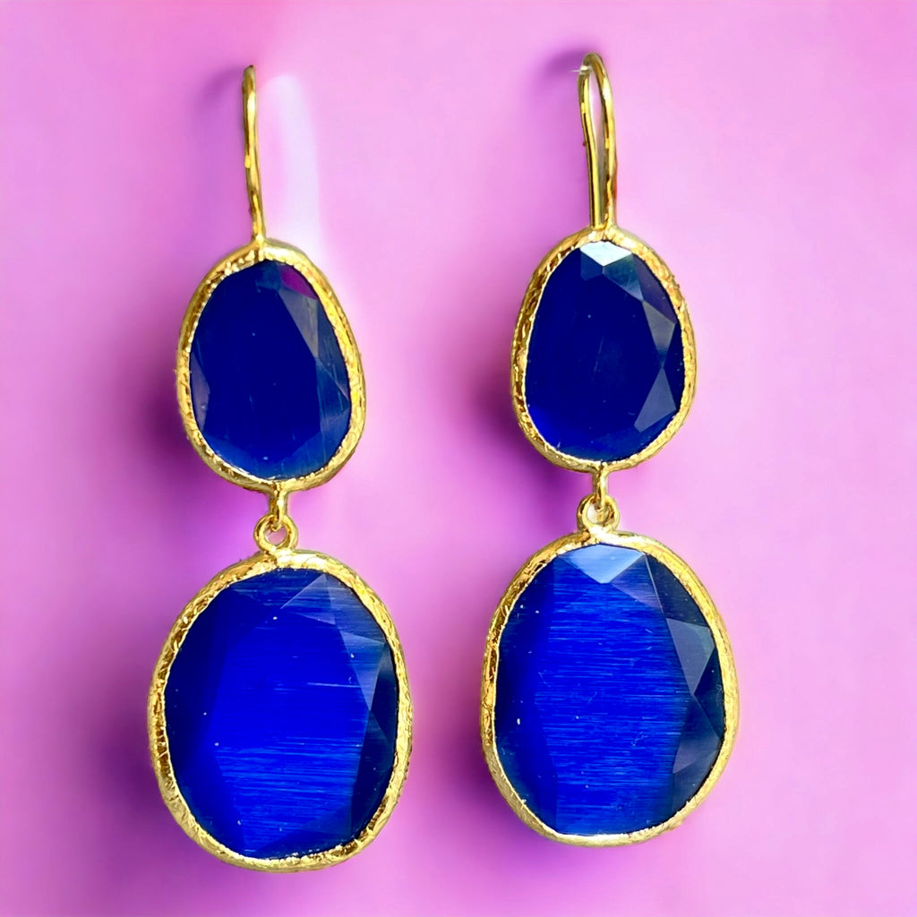 Boucles d'oreilles  "ARABELLA" dorées or fin pierre de Agate bleue