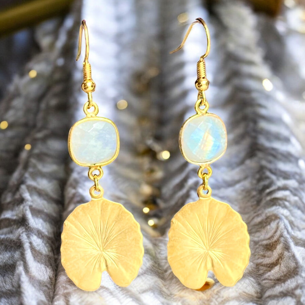 Boucles d’oreilles "DALLAS" dorées or fin Pierre de Lune