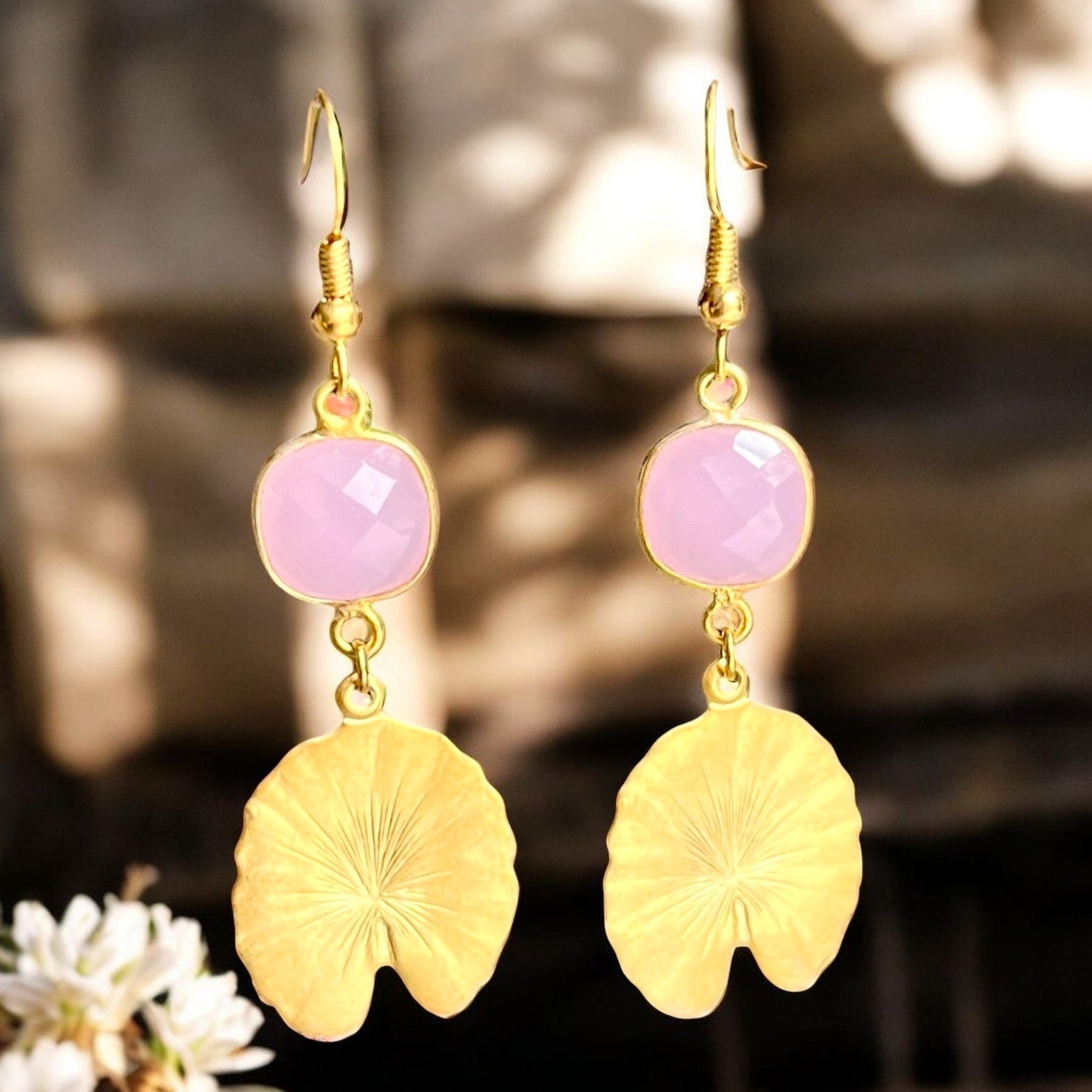 Boucles d’oreilles "SOPHIA" dorées or fin Calcédoine Rose