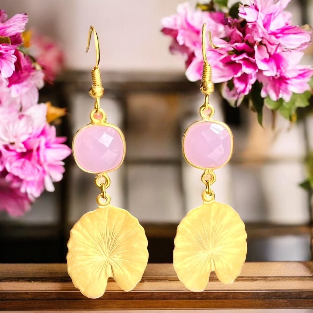 Boucles d’oreilles "SOPHIA" dorées or fin Calcédoine Rose