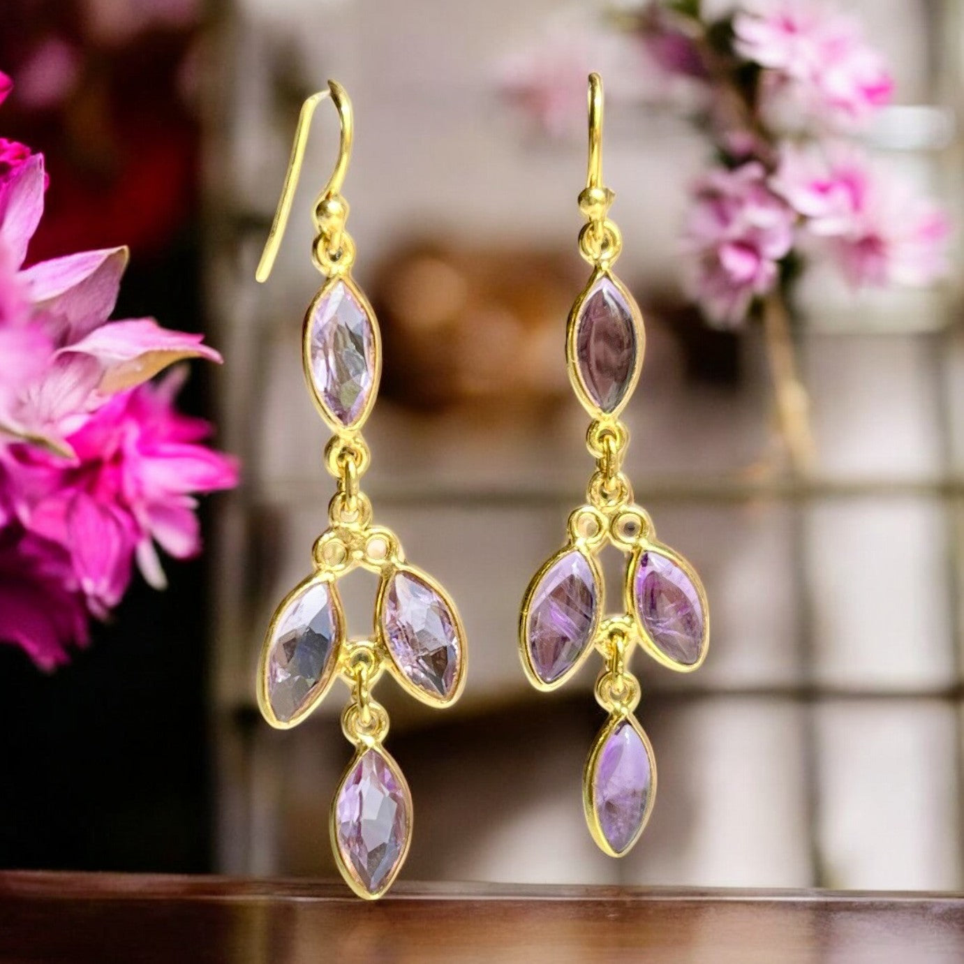 Boucles d’oreilles "FIDJI" pierre naturelle Améthyste argent dorées or fin