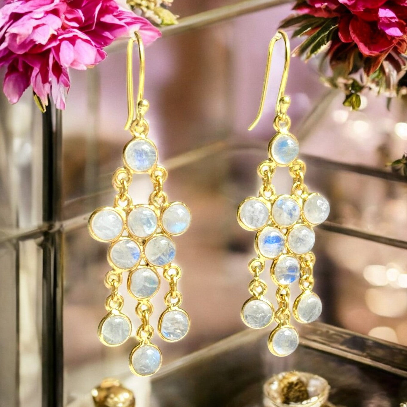 Boucles d’oreilles "SEYCHELLES" pierre naturelle Pierre de lune argent dorées or fin