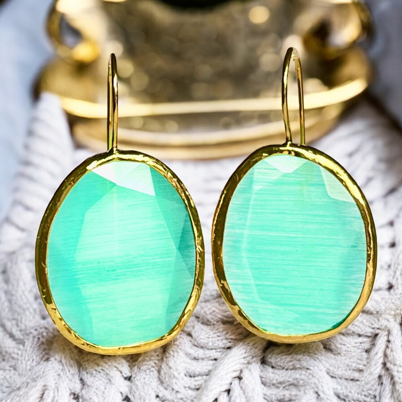 Boucles d’oreilles "ANNAPOLIS" pierre naturelle Agate turquoise dorées or fin
