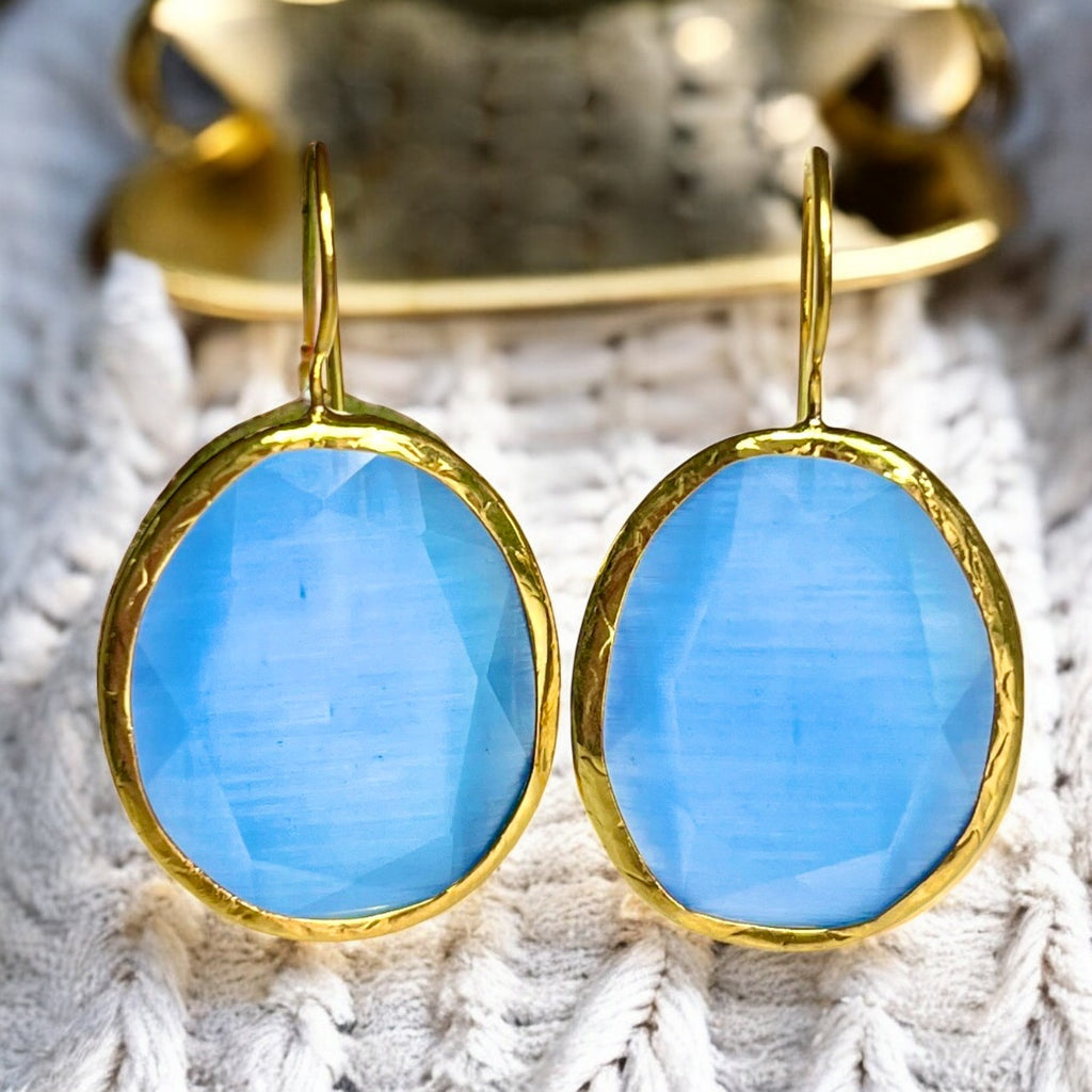 Boucles d’oreilles "LONG BEACH" pierre naturelle Agate bleue dorées or fin