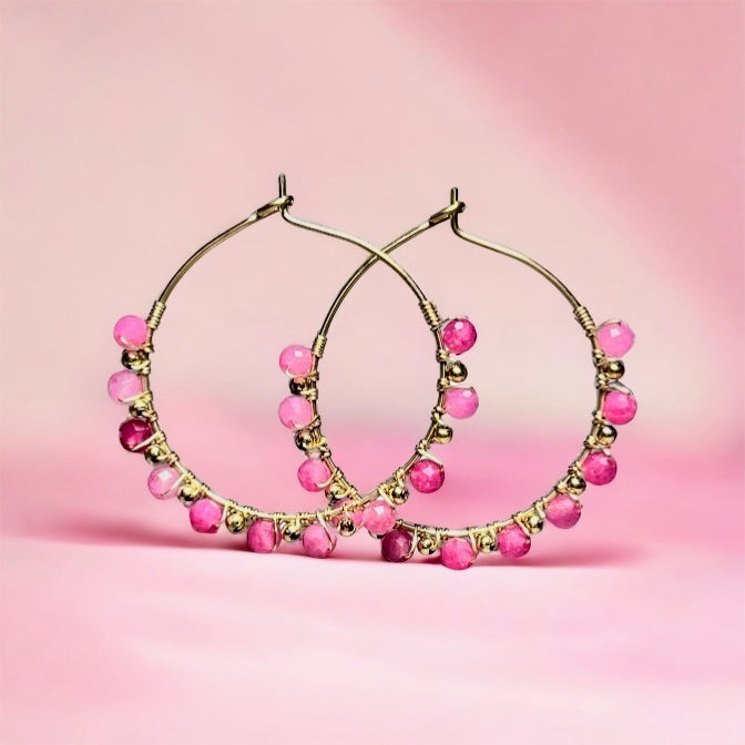 Boucles d'oreilles "CELESTIA" créoles pierre de Tourmaline rose