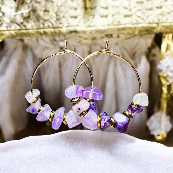 Boucles d'oreilles "SANDRINE" Améthyste et Hématite acier doré