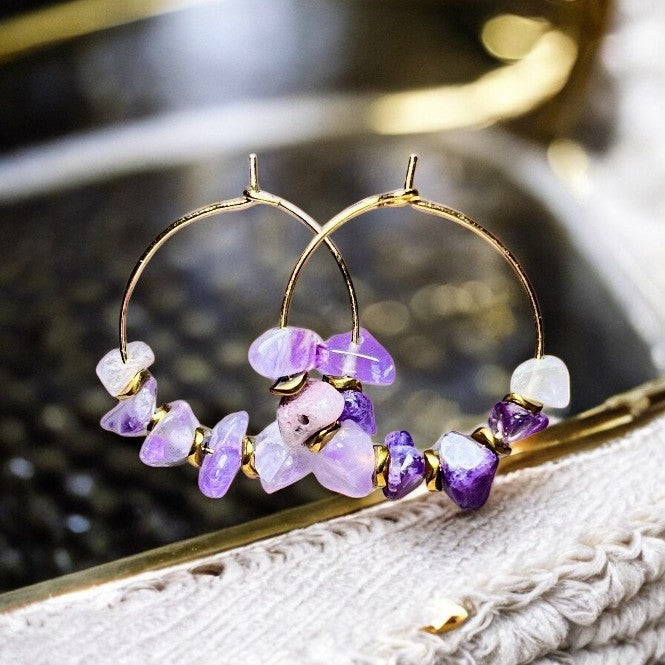Boucles d'oreilles "SANDRINE" Améthyste et Hématite acier doré