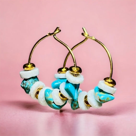 Boucles d'oreilles "MONIQUE" Turquoise Coquillage et Hématite acier doré