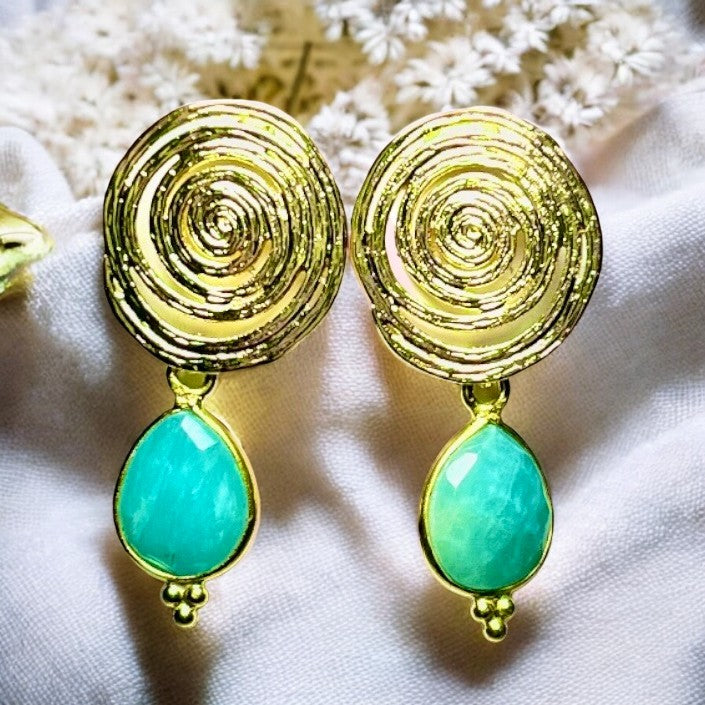Boucles d’oreilles "COLUMBUS" dorées or fin pierre d’ Amazonite