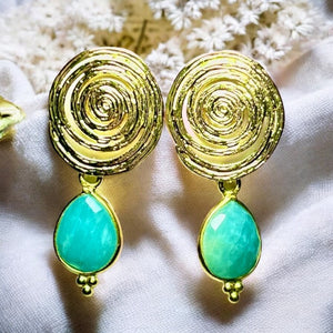 Boucles d’oreilles "COLUMBUS" dorées or fin pierre d’ Amazonite