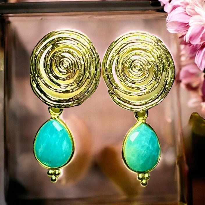 Boucles d’oreilles "COLUMBUS" dorées or fin pierre d’ Amazonite