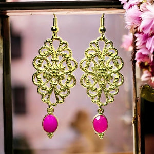Boucles d'oreilles "HELOISE" dorées or fin pierre de Calcédoine rose