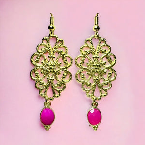 Boucles d'oreilles "HELOISE" dorées or fin pierre de Calcédoine rose