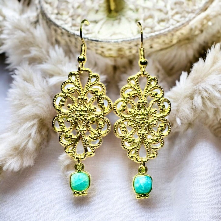 Boucles d'oreilles "MARGUERITE" dorées or fin pierre d’ Amazonite