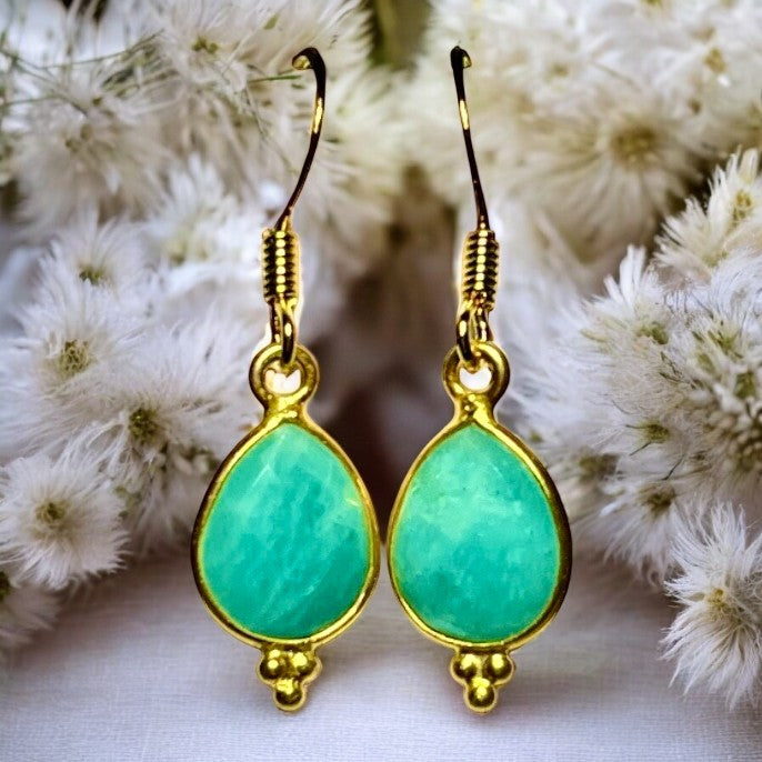 Boucles d’oreilles "MEMPHIS" dorées or fin pierre d’Amazonite