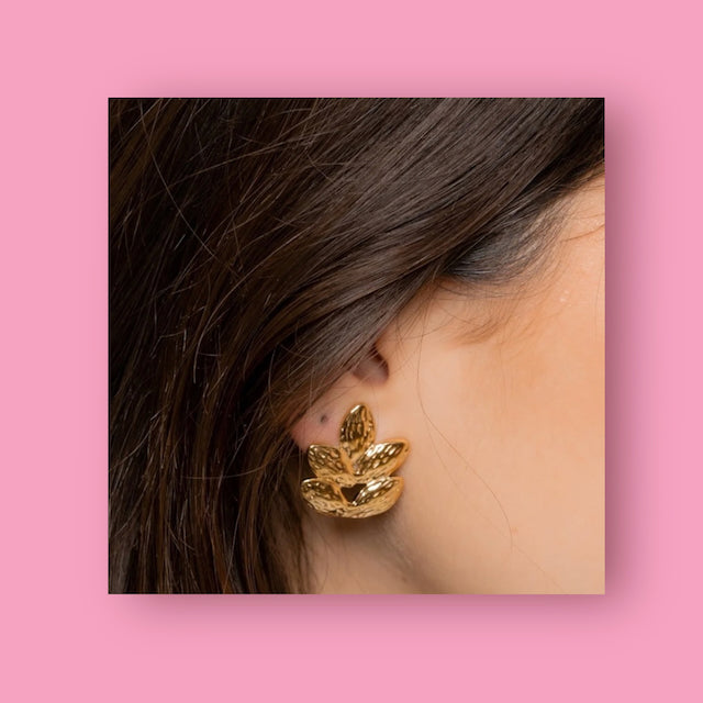 boucles oreilles femme feuilles acier inoxydable cadeau tourmalyn bijoux - portées fond rose