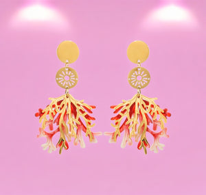 boucles oreilles femme acier inoxydable dore algues corail resine rouge tourmalyn bijoux