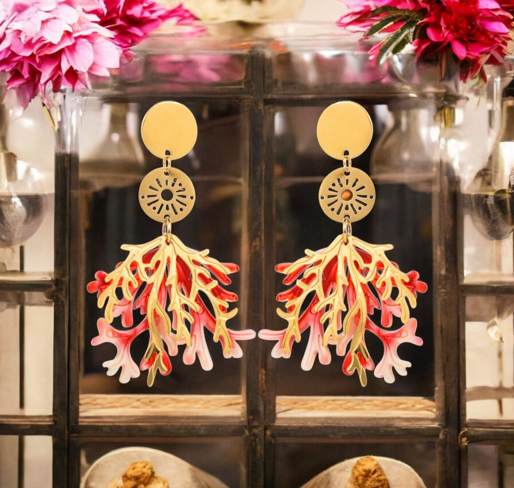 Boucles d'oreilles "CORAIL" en acier inoxydable doré et résine