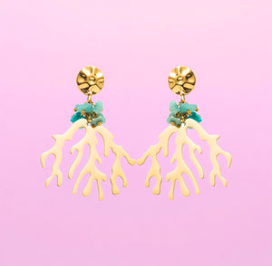 boucles oreilles femme acier inoxydable dore algues marines amazonite tourmalyn bijoux