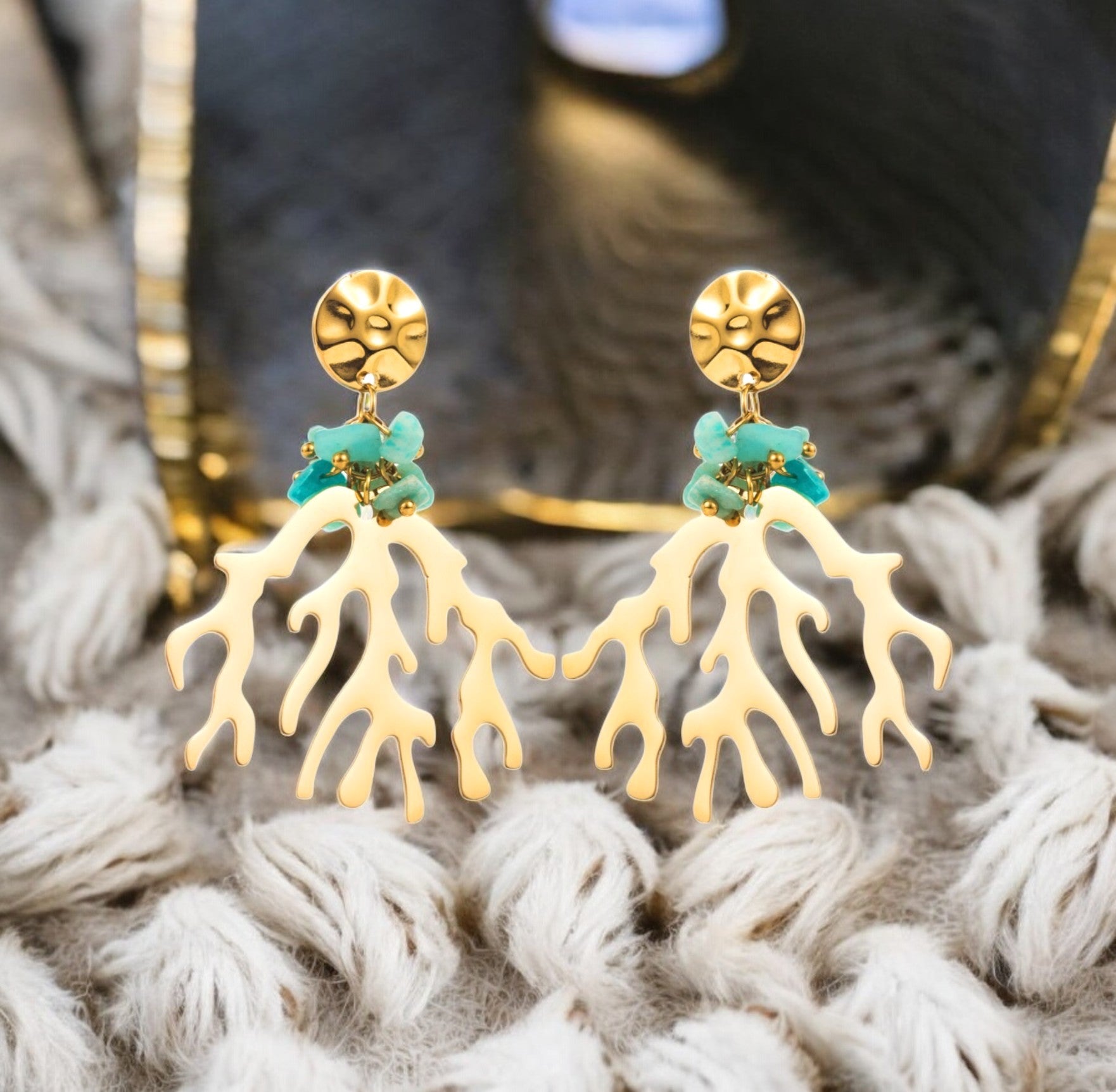 Boucles d'oreilles "AQUA" en acier inoxydable doré et amazonite