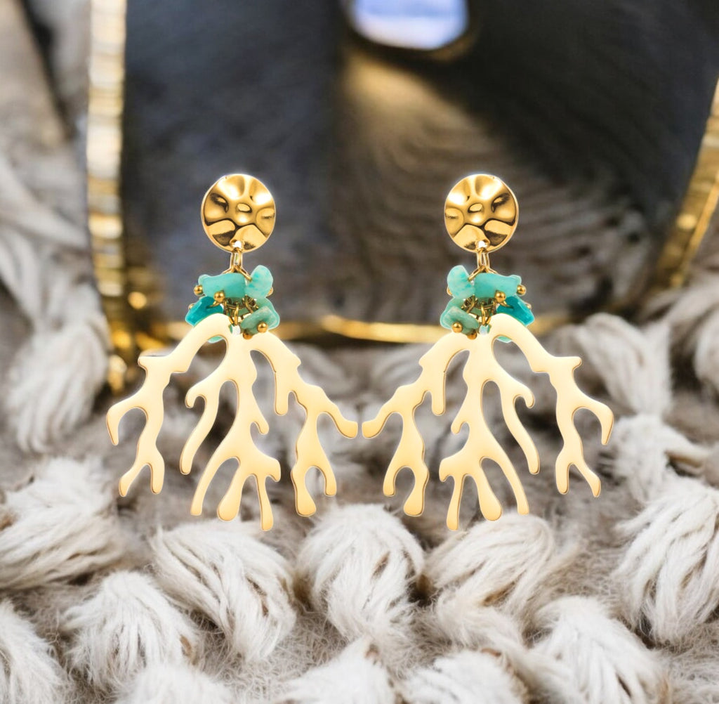 Boucles d'oreilles "AQUA" en acier inoxydable doré et amazonite