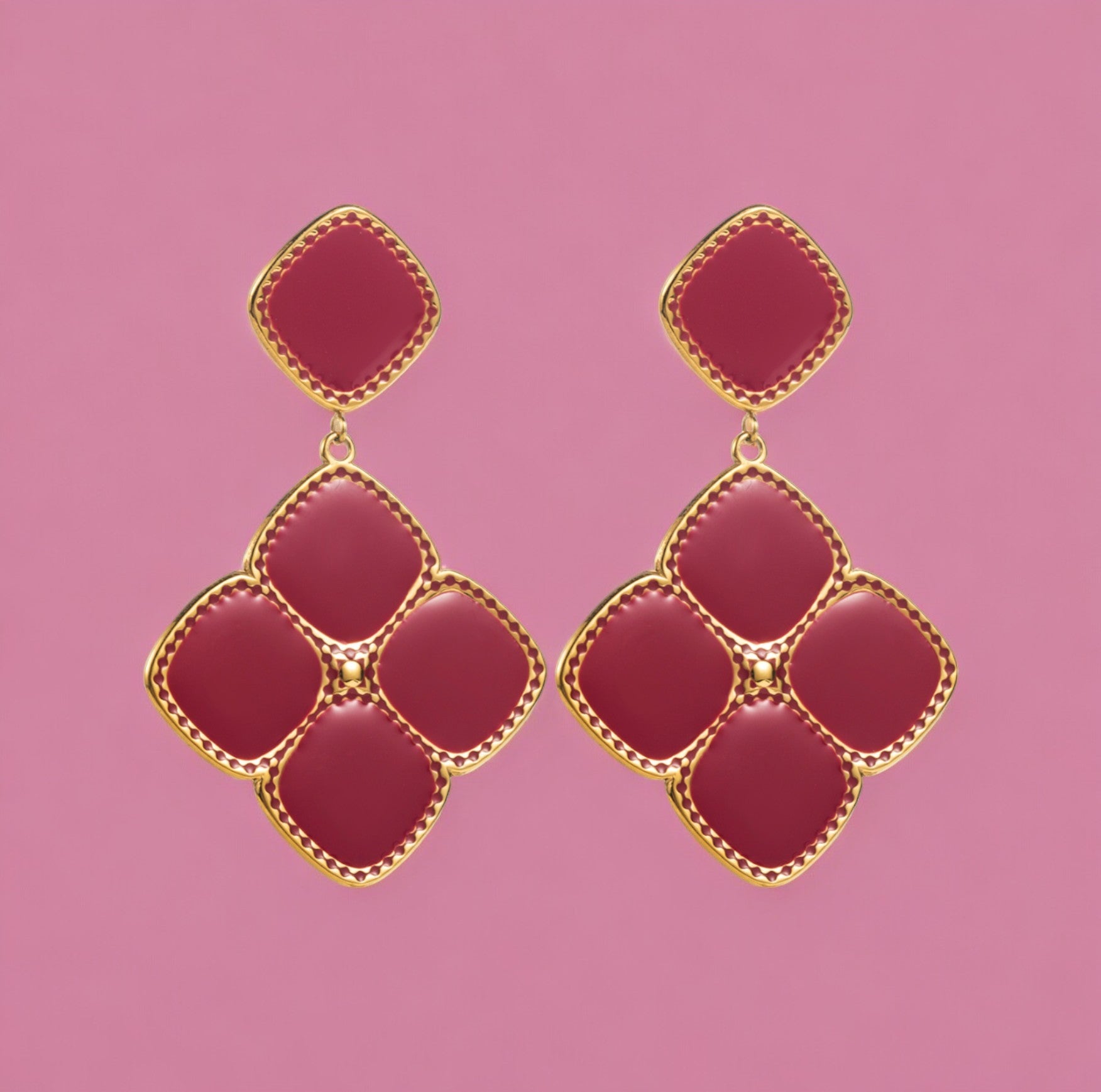 boucles oreilles femme acier inoxydable doré émail framboise tourmalyn bijoux
