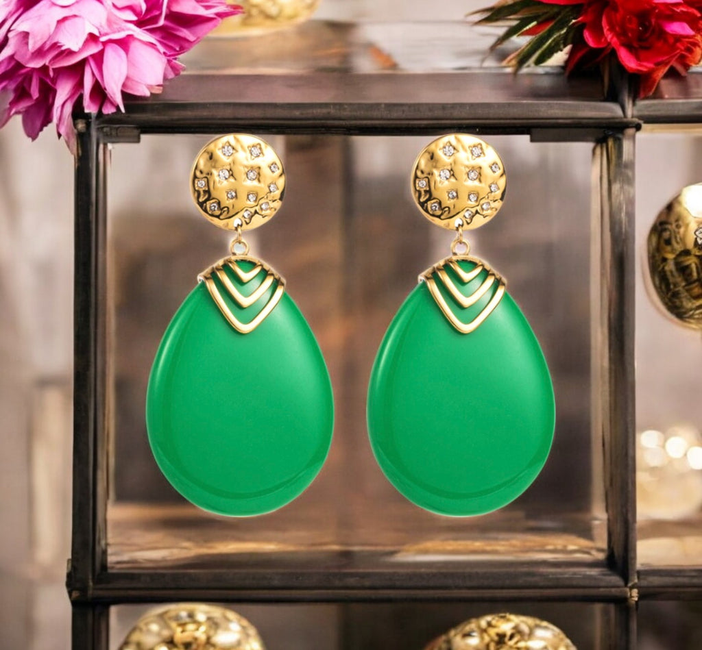 Boucles d'oreilles "CONSTANCE" en acier inoxydable doré résine verte