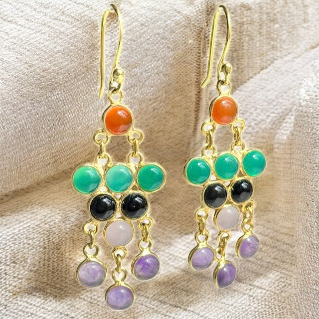 Boucles d’oreilles "APHRODITE" pierres naturelles Quartz rose Cornaline Calcédoine Améthyste et Onyx en argent dorées or fin