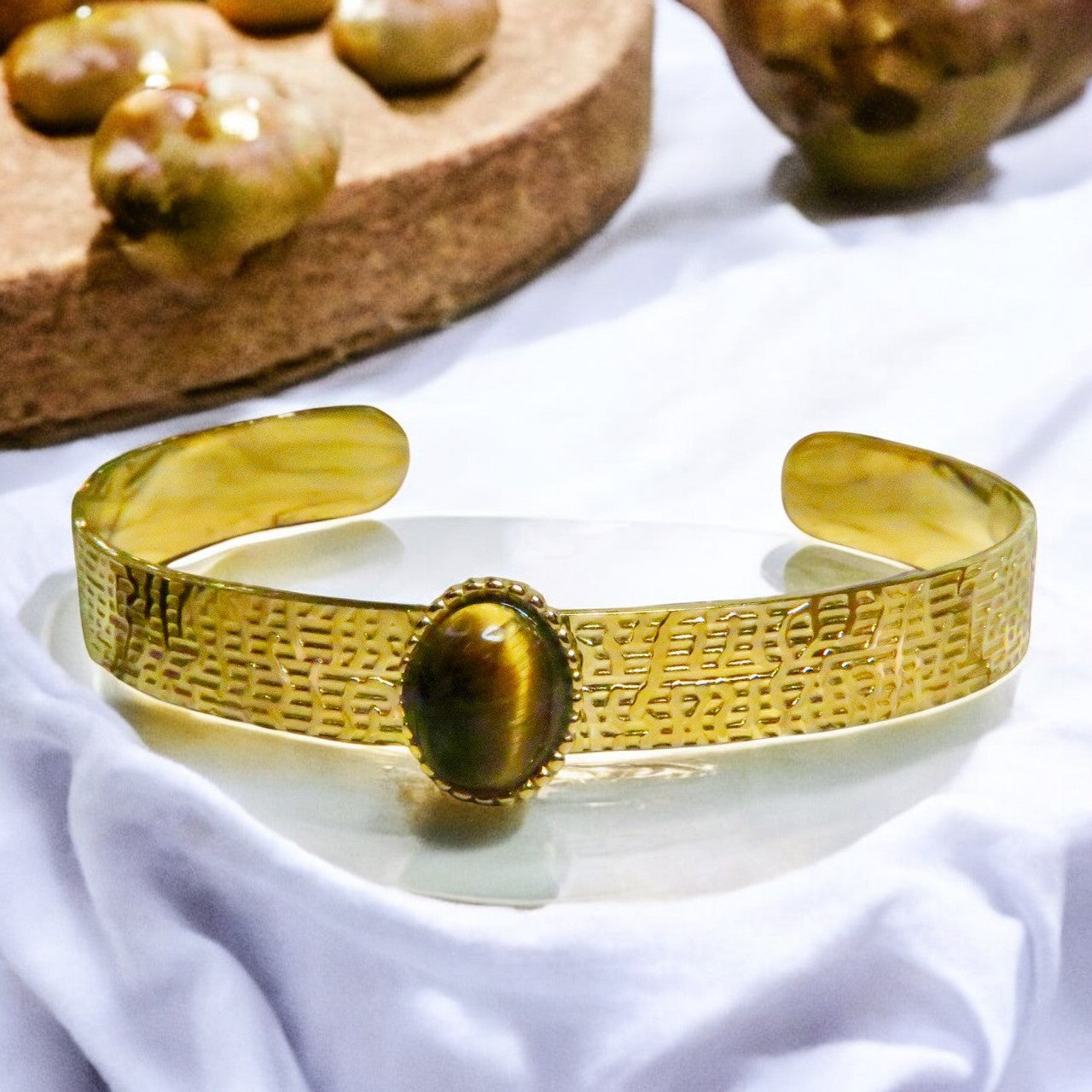 Bracelet "ALEXANDRA" acier doré - adaptable avec Oeil de tigre naturel