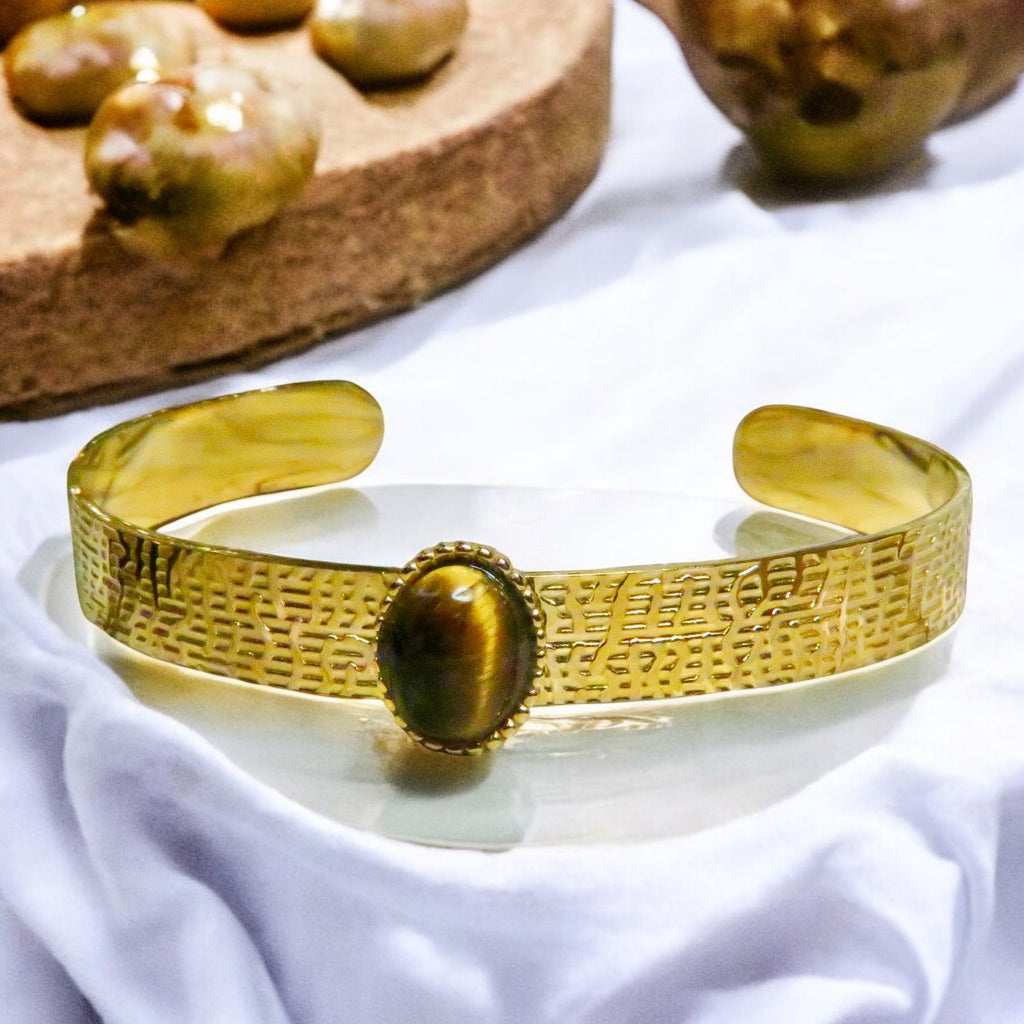 Bracelet "ALEXANDRA" acier doré - adaptable avec Oeil de tigre naturel