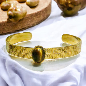 Bracelet "ALEXANDRA" acier doré - adaptable avec Oeil de tigre naturel