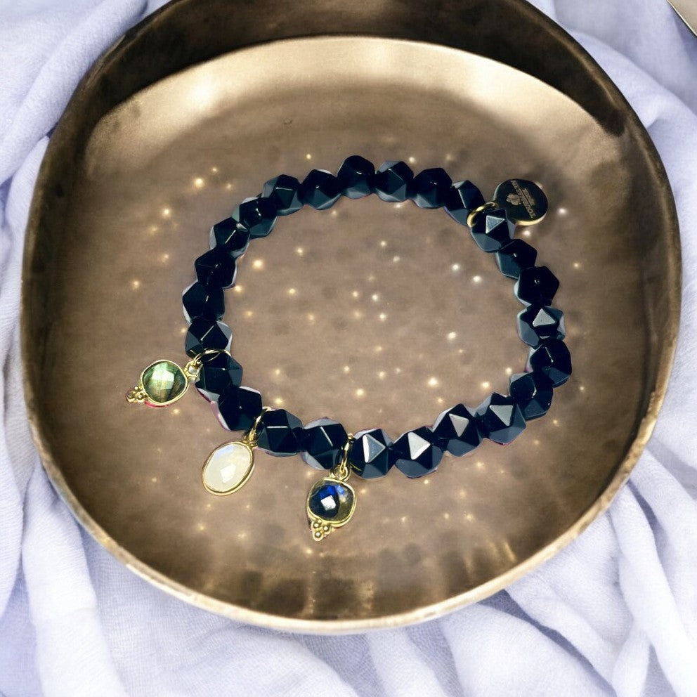 Bracelet "DIAMOND" - Agate Labradorite et Pierre de lune dorées or fin